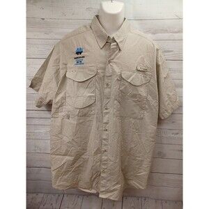 Columbia PFG Button Up Shirt Men Sz L Beige Short Sleeve Vented Fishing Hiking